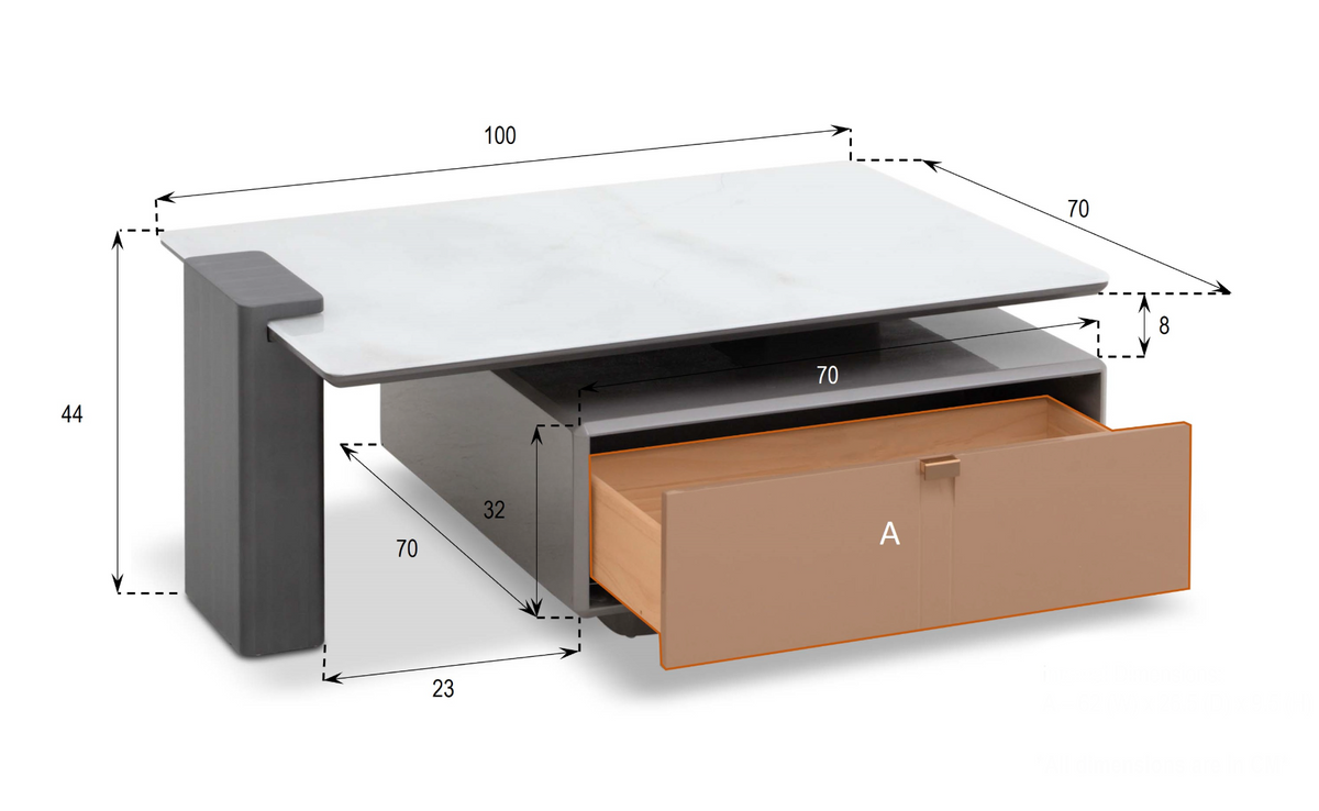 Measurement diagram of Salford stone top rotating coffee table – detailed dimensions for height, diameter, and rotation mechanism.