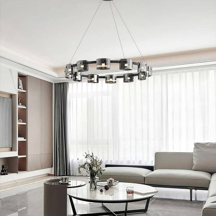 Scintillate black and gold chandelier in living room, adding luxurious metallic accents and radiant crystal sparkle