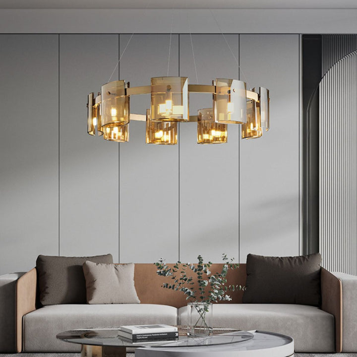 Scintillate chandelier light in Australian living room, adding elegant black and gold accents with sparkling crystal illumination