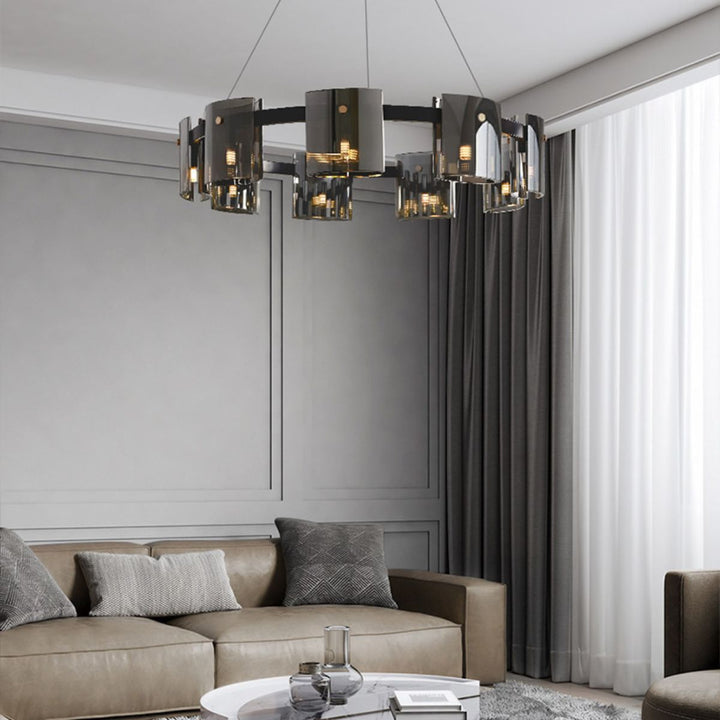 Scintillate black and gold chandelier featuring a sleek modern design with elegant metallic finishes and sparkling crystals
