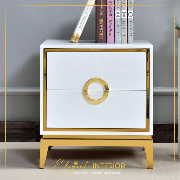 Signature bedside table with sleek design in an elegant modern bedroom interior