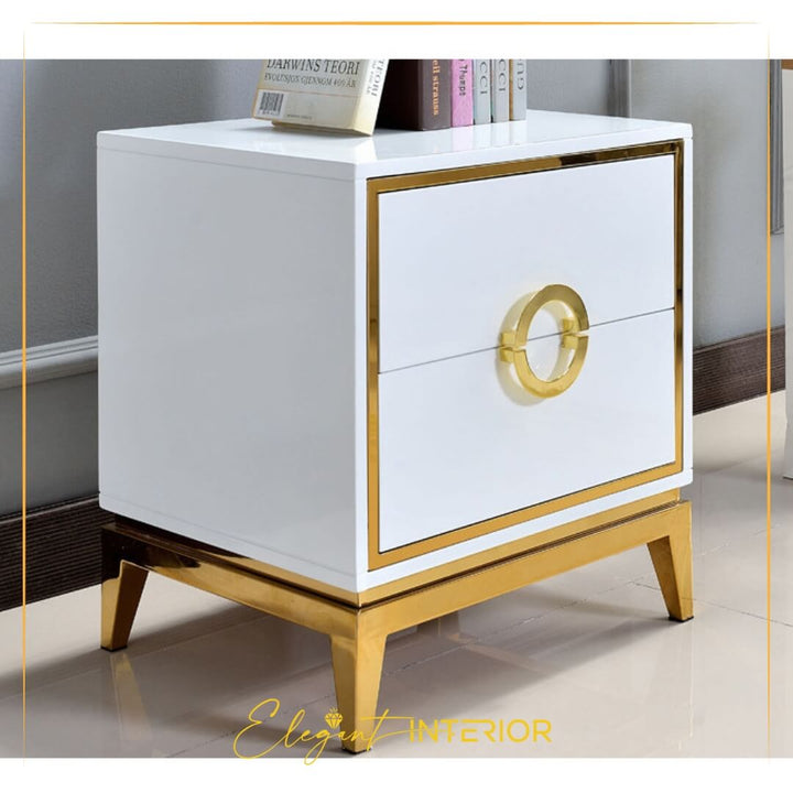 side view of Signature bedside table corner highlighting sleek finish and minimalist design