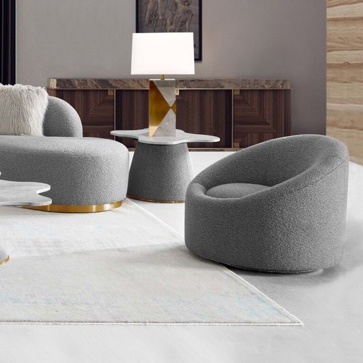 Right side view of Signature upholstered swivel barrel chair, plush design for modern stylish interiors