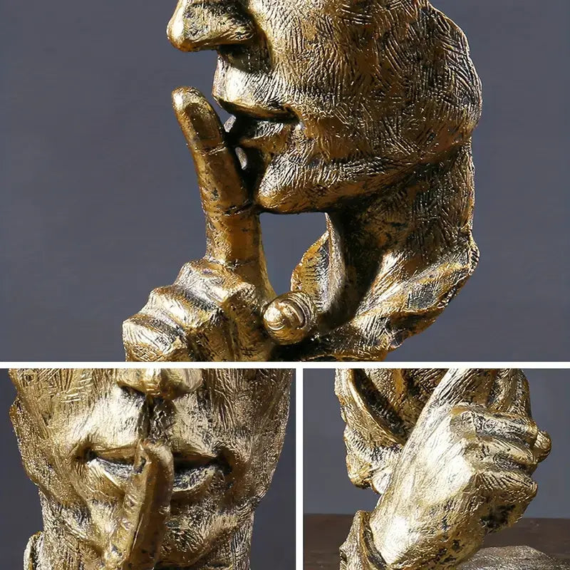 Resin half-faced sculpture titled Silence Is Golden with golden finish
