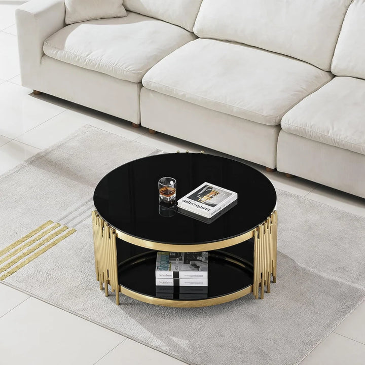 Top angle view of Slaviya glass coffee table highlighting clear glass surface and modern design
