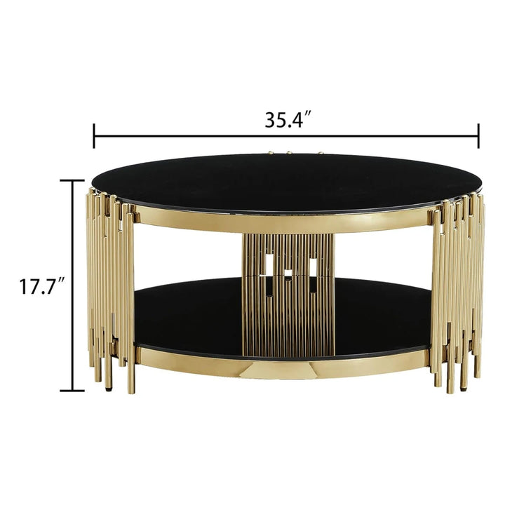 Slaviya glass coffee table with detailed size and dimension specifications showcasing modern design