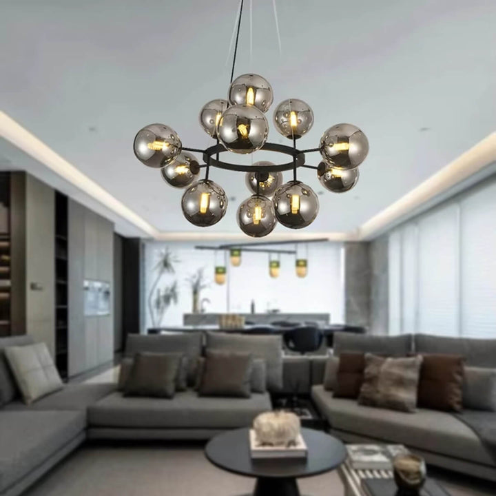 Smoke round chandelier light in modern living room – elegant ceiling fixture with smoky glass finish and ambient glow.