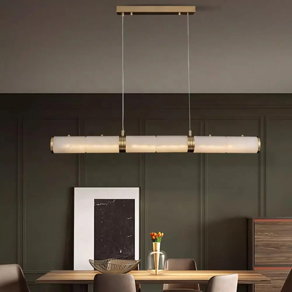 Spanish Alabaster &amp; Brass Linear Suspension Chandelier