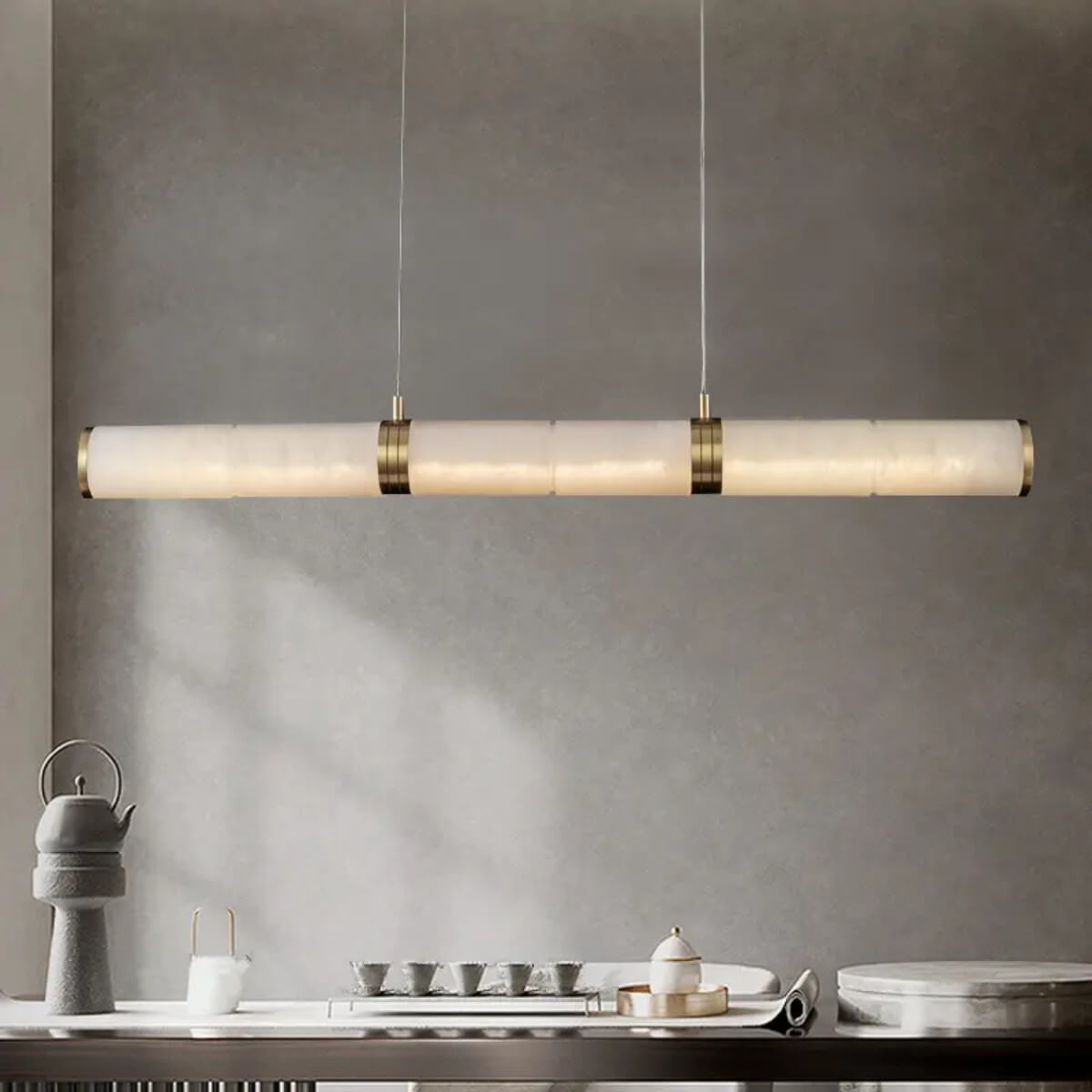 Spanish Alabaster &amp; Brass Linear Suspension Chandelier