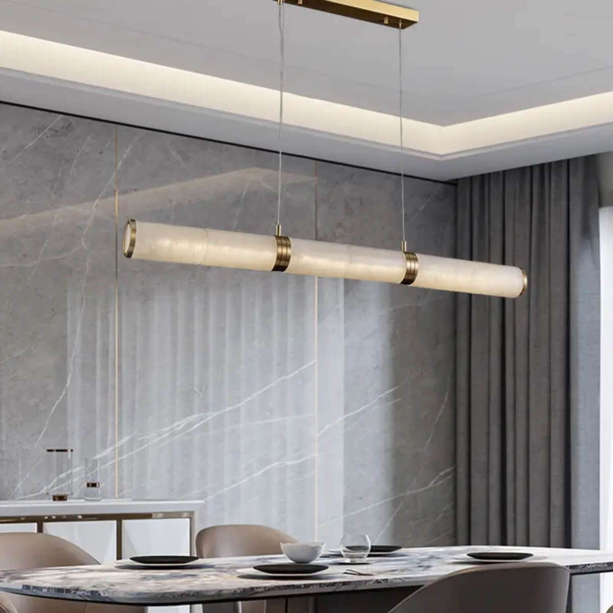 Spanish Alabaster &amp; Brass Linear Suspension Chandelier