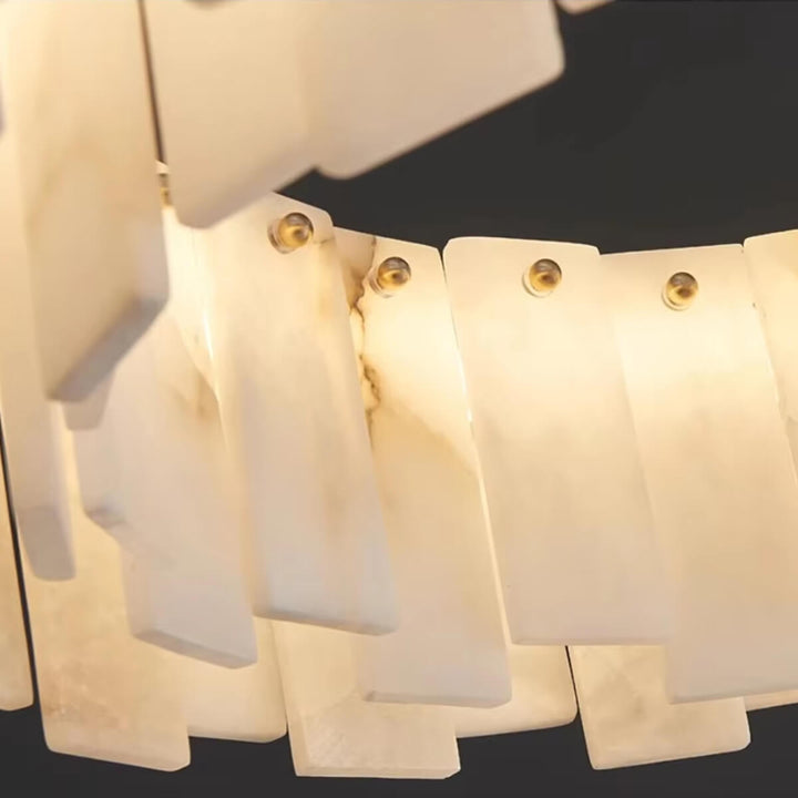 Close-up inside detailing of Spanish alabaster light with G9 bulb – showcasing natural stone texture and internal structure.