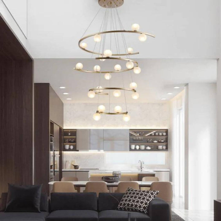 Spectrum chandelier light in Australian living room, illuminating the space with vibrant colors and sleek design