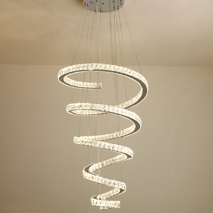 Upper view of spiral long chandelier showcasing tiered circular design