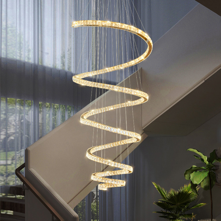 Upper view of spiral long chandelier showcasing tiered circular design