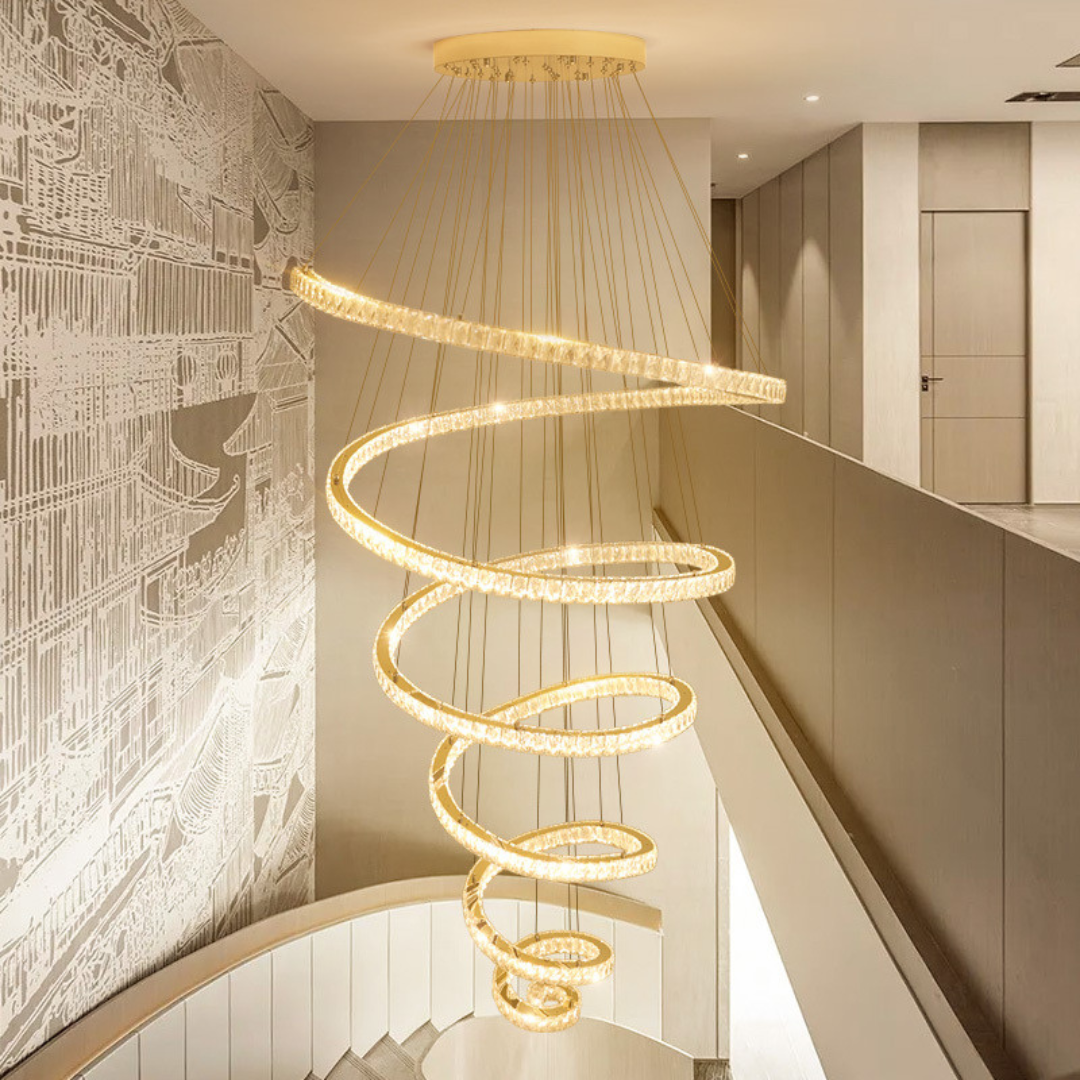 Stylish long spiral chandelier perfect for high ceilings and grand interiors