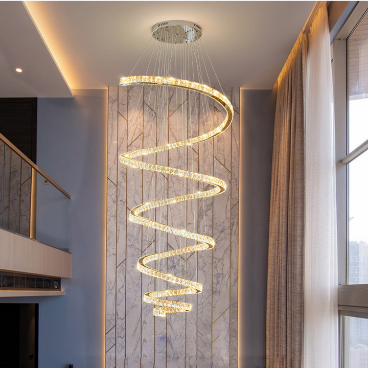 Spiral long chandelier with cascading design ideal for high ceilings