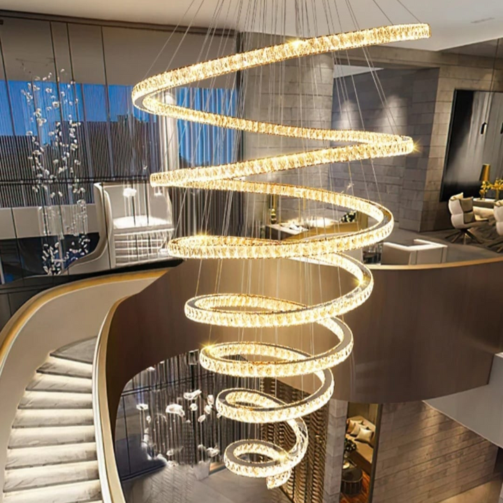 Detailed close-up view of spiral long chandelier highlighting elegant craftsmanship