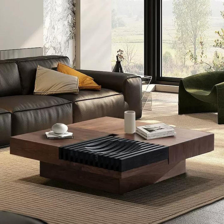 Square walnut coffee table with smooth finish and clean lines – modern design highlighting natural wood grain