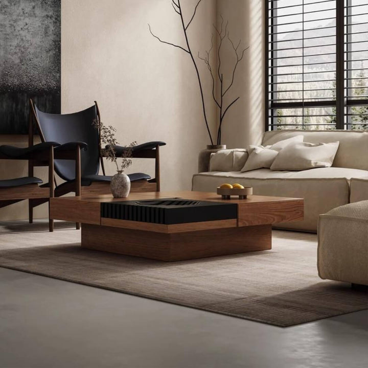 Square walnut coffee table in a modern living room setting – elegant wood finish complementing contemporary décor