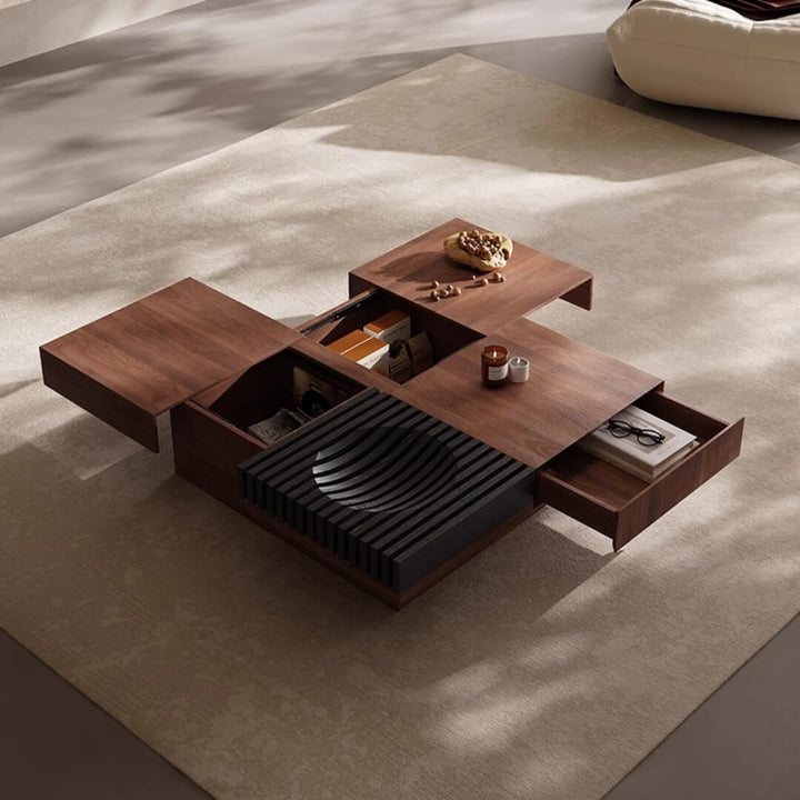 Square walnut coffee table with drawer open – showcasing storage space and rich wood finish in a modern design