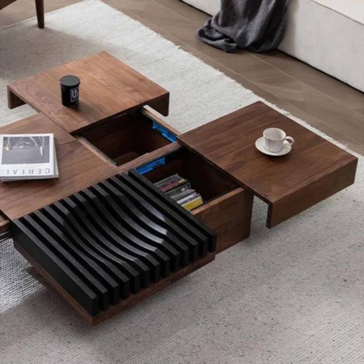 C38 modern coffee table with walnut finish – sleek design featuring clean lines and smooth surface
