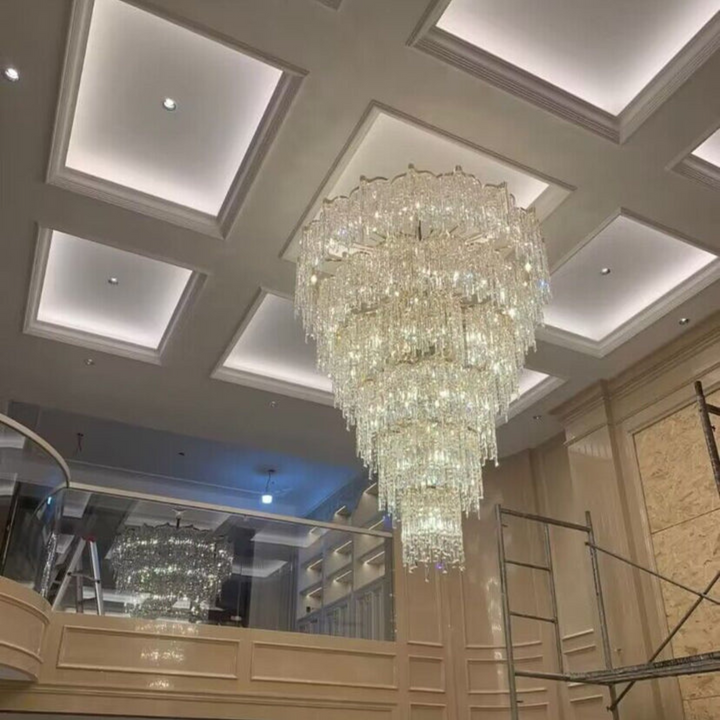 Elegant suspended chandelier from below revealing hanging light elements