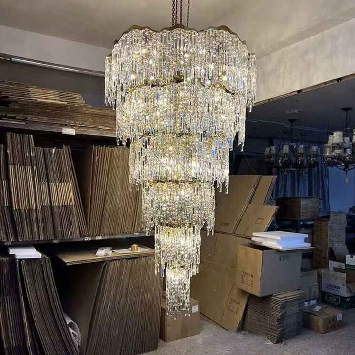 Close-up from above of modern suspended chandelier highlighting craftsmanship