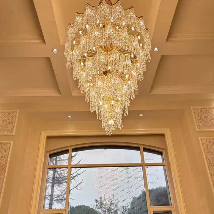 Bottom angle of modern suspended chandelier highlighting detailed craftsmanship