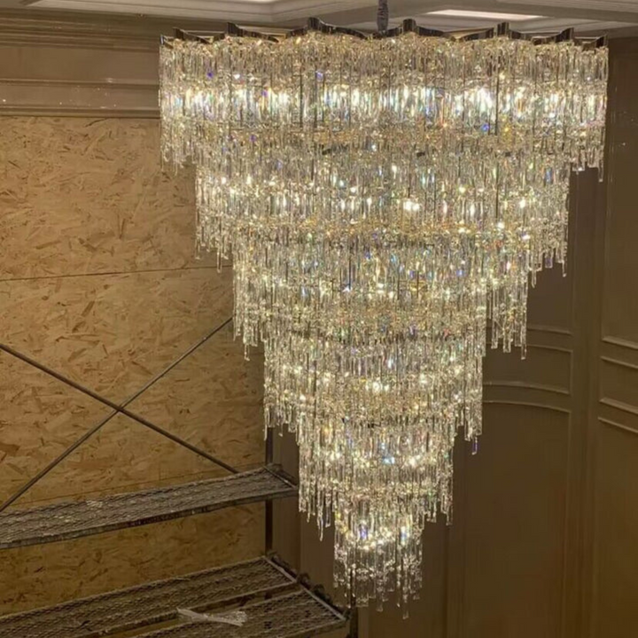 Detailed upper view of suspended chandelier showing intricate frame and design