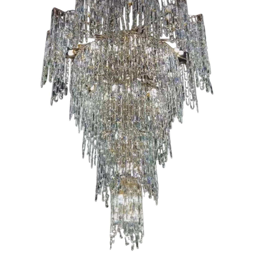 Bottom angle of modern suspended chandelier highlighting detailed craftsmanship