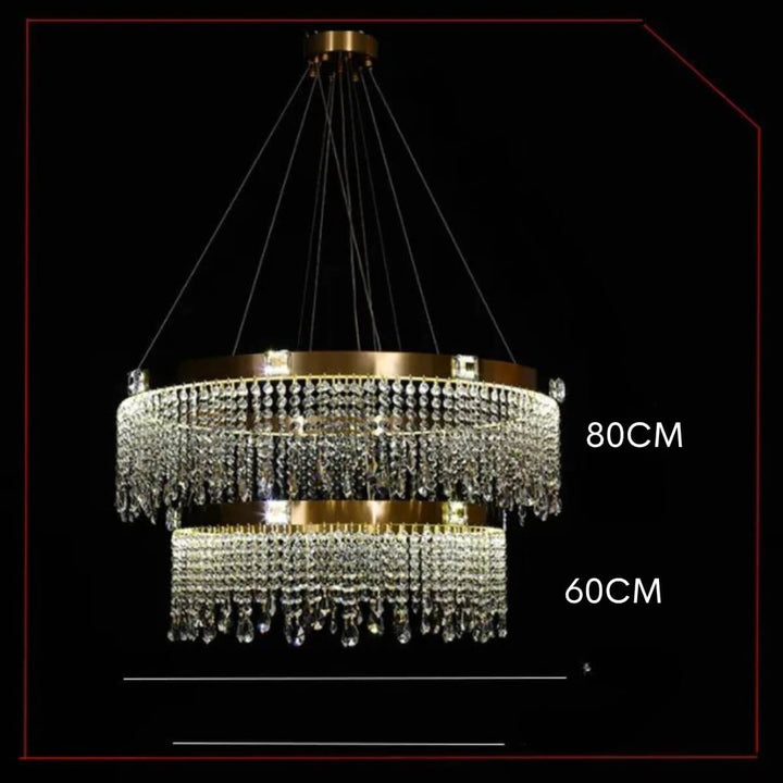 Tinsel double-layer round chandelier light featuring layered crystal design for luxurious and radiant interiors