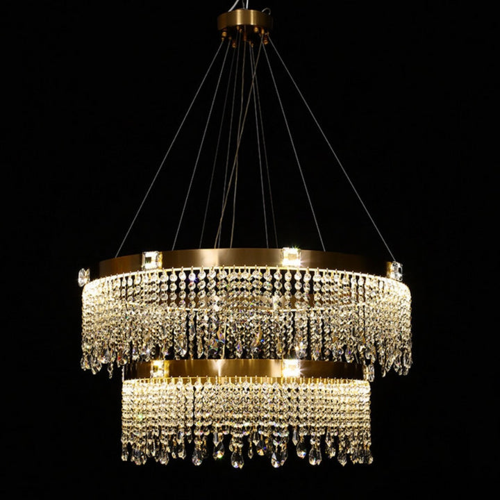 Tinsel Double-Layer Round Chandelier Light turned on, emitting radiant sparkle and elegant ambient illumination