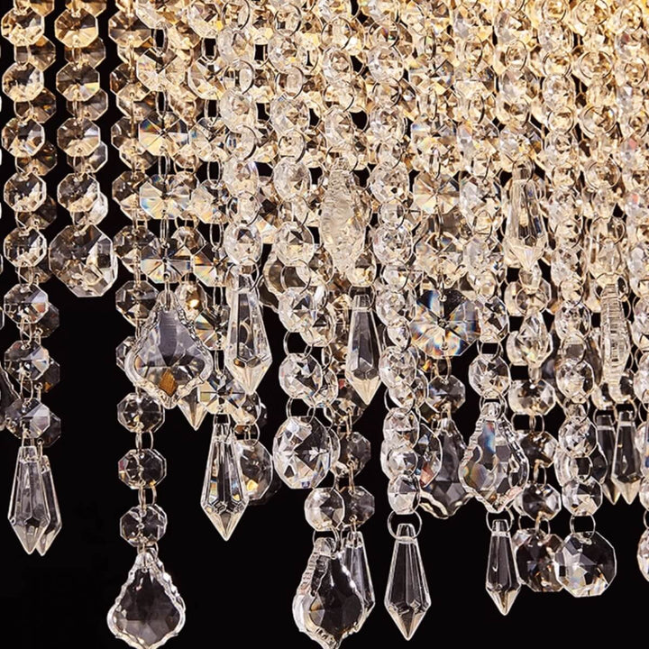Detailed close-up of Tinsel Double-Layer Round Chandelier Light crystals, showcasing pure, translucent glass rods with radiant sparkle