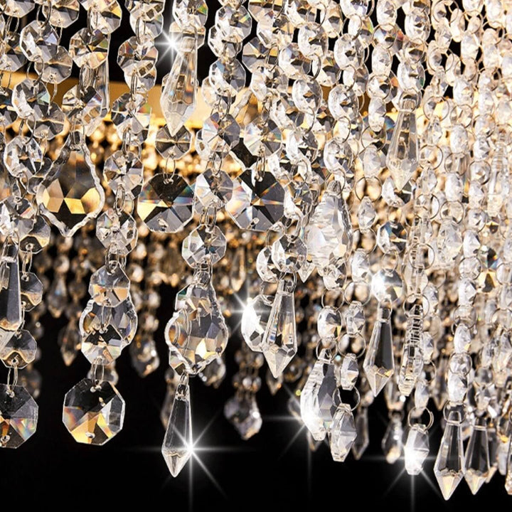 Detailed close-up of Tinsel Double-Layer Round Chandelier Light crystals, showcasing pure, translucent glass rods with radiant sparkle