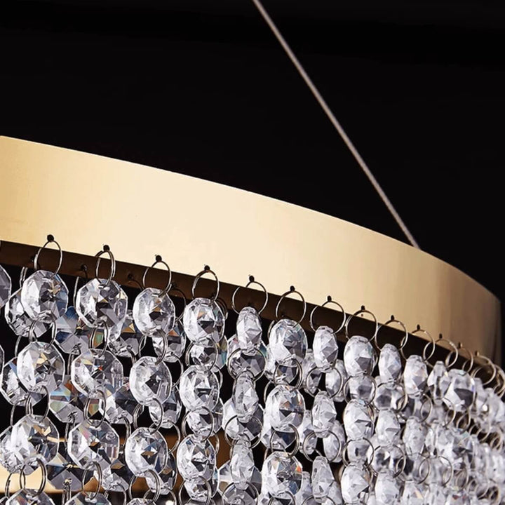Close-up of Tinsel Double-Layer Round Chandelier Light highlighting coil binding detail on sparkling crystal rods
