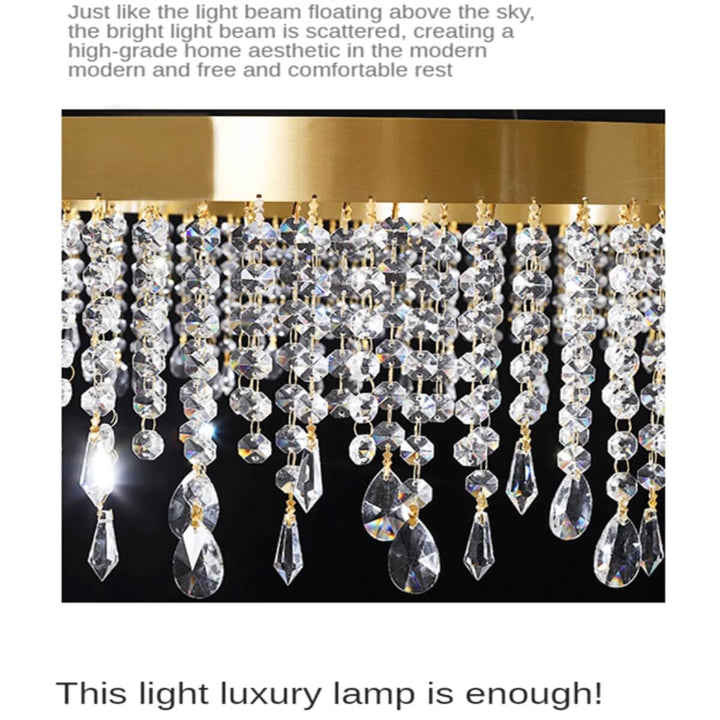 Close-up detail of hanging crystals on Tinsel Double-Layer Round Chandelier Light, showcasing sparkling translucent rods