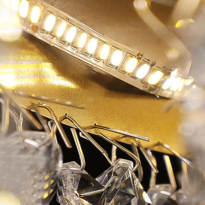 Close-up detail view of tinsel chandelier light showcasing layered crystals and sparkling elegance