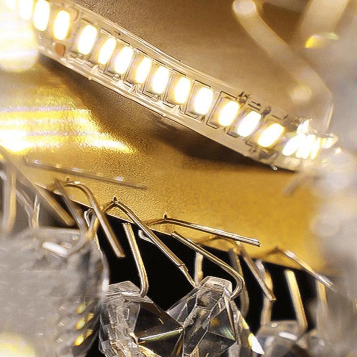 Close-up detail view of tinsel chandelier light showcasing layered crystals and sparkling elegance