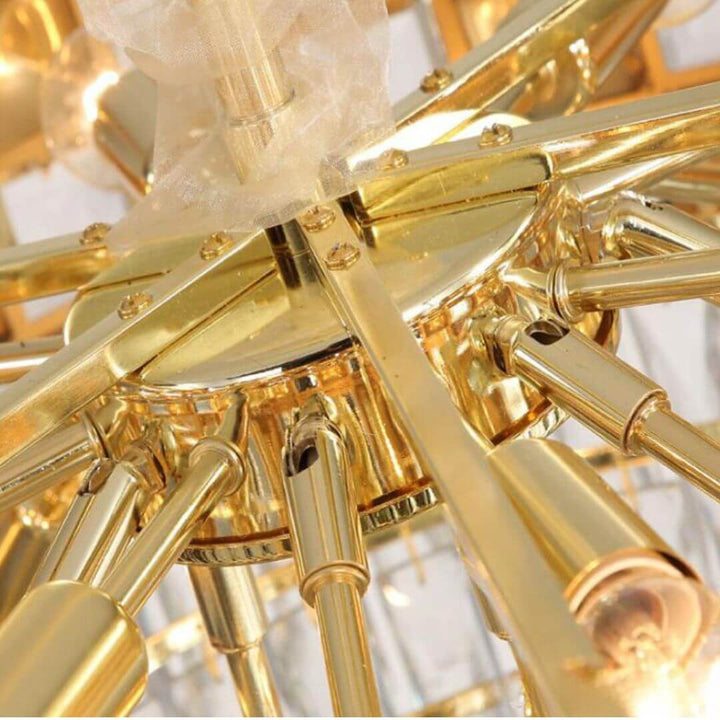 Close-up view of Tungsten chandelier light in Australia, highlighting detailed craftsmanship and warm illumination.