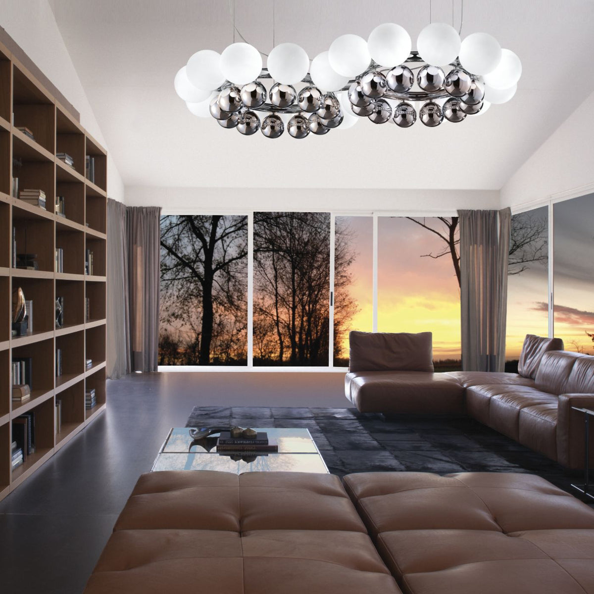 Victoria Pearl LED ceiling light installed in a modern living room, featuring elegant pearl-accented globes and providing warm ambient lighting