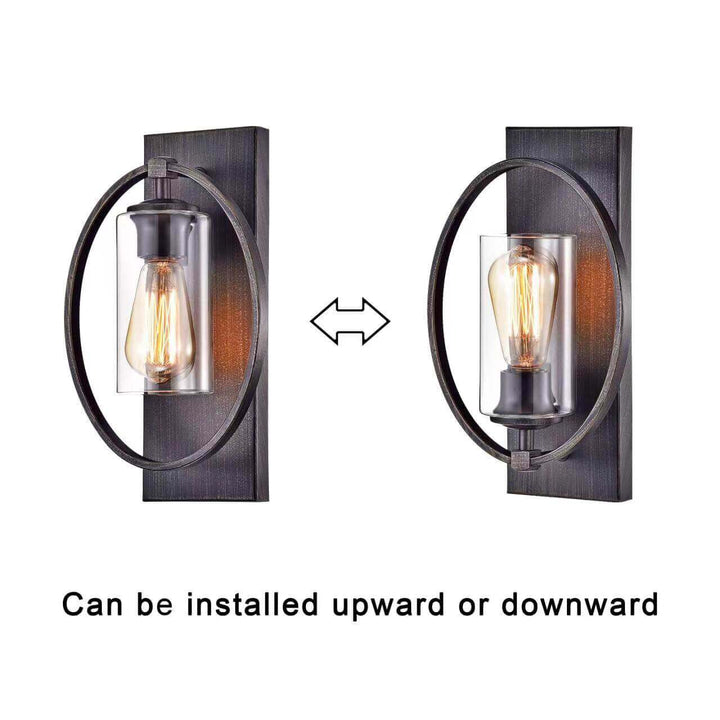 Vintage Orbit wall light showing versatility with option to install upward or downward, featuring classic design and antique finish