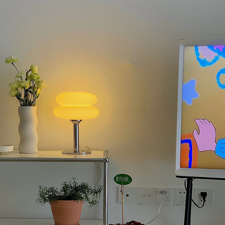 Front view of Virgo mushroom-shaped LED bedside table lamp, stylish design for warm ambient lighting
