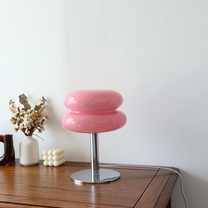 Virgo mushroom-shaped LED bedside table lamp in pink, soft ambient lighting with modern, playful design