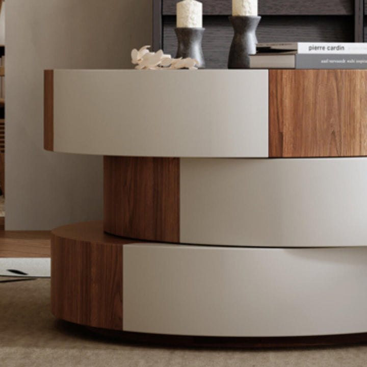 Front view of Wabi SABI rotating coffee table featuring smooth natural wood finish and minimalist design