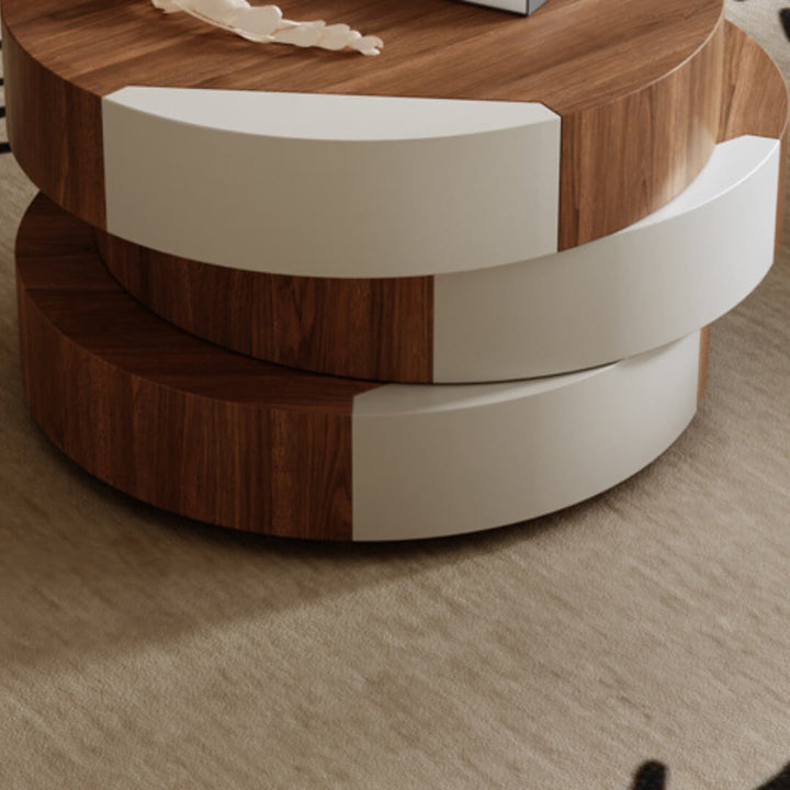 Close-up view of Wabi SABI rotating coffee table drawer showcasing smooth wood grain and functional storage space