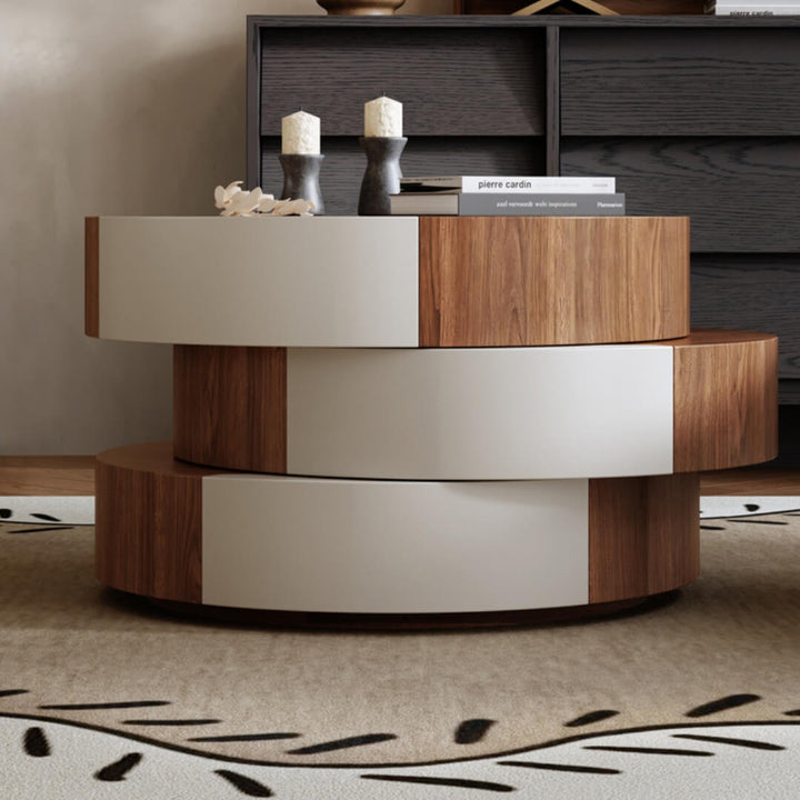 Close-up view of Wabi SABI rotating coffee table drawer showcasing smooth wood grain and functional storage spac