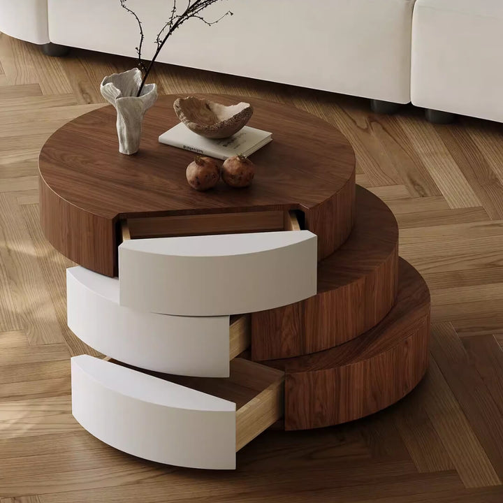 Wabi SABI rotating coffee table with open drawer showcasing natural wood finish and multifunctional storage design