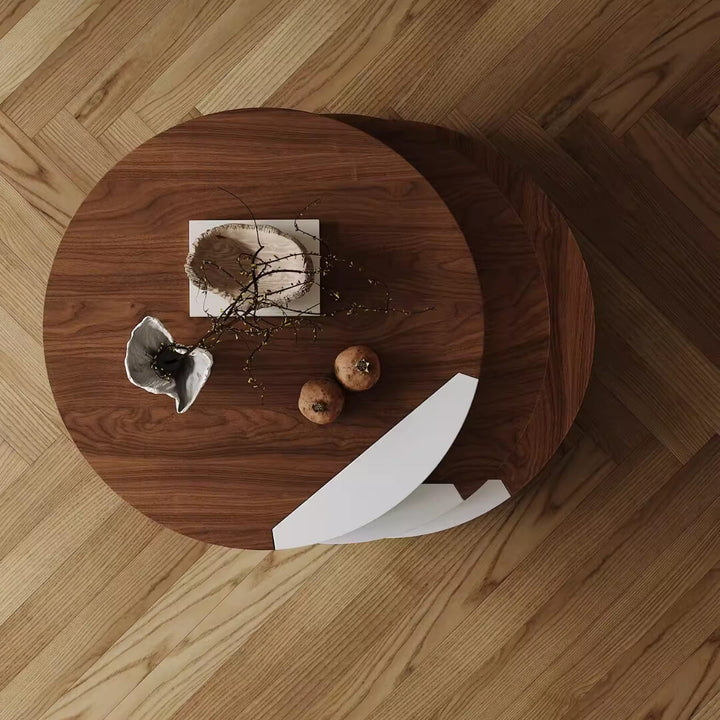 Straight upper view of Wabi SABI rotating coffee table showcasing circular natural wood surface and smooth craftsmanship