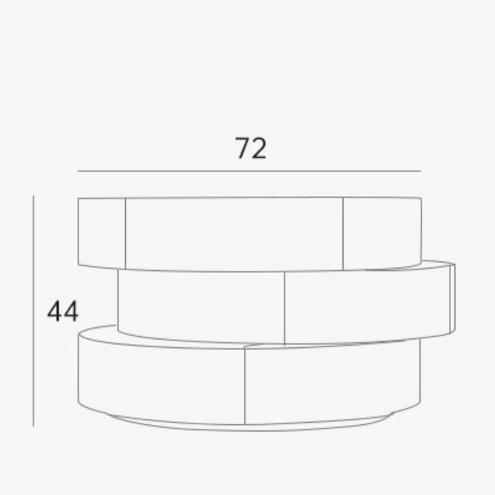 Technical diagram of Wabi SABI rotating coffee table showing dimensions, rotating mechanism, and drawer placement