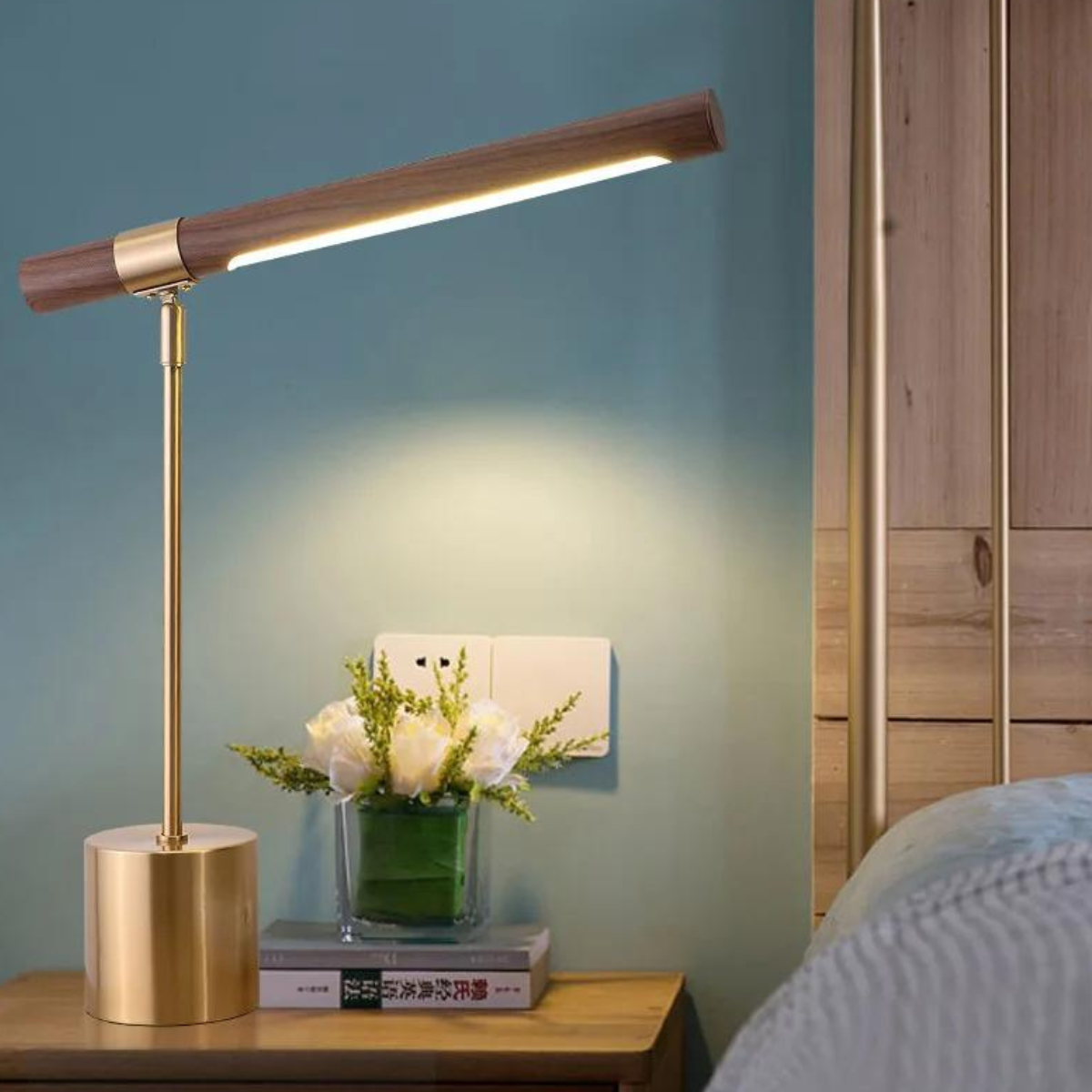 Bedside table lamp with walnut wood and metal base in modern design